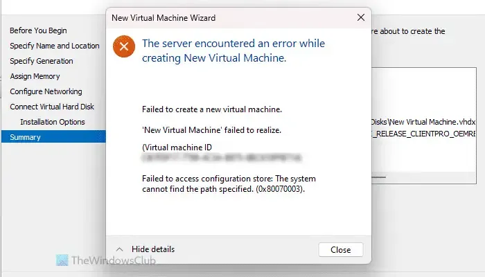 Serwer napotkał błąd podczas tworzenia nowej maszyny wirtualnej