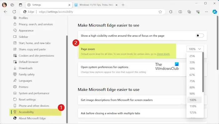 Microsoft Edgeでデフォルトのズームレベルを設定する方法