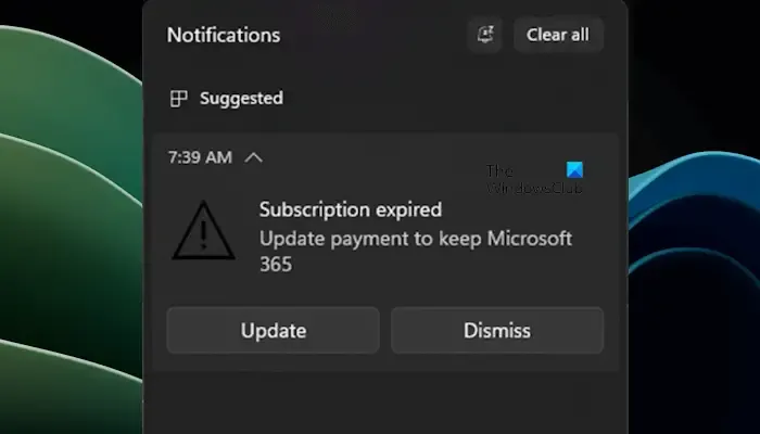 Notification d’expiration d’abonnement Microsoft 365