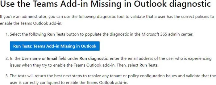 Suplemento do Teams ausente no diagnóstico do Outlook