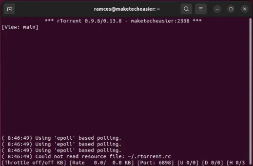 Una terminal que muestra rTorrent ejecutándose en Ubuntu LTS.