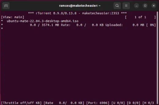 Un terminale che mostra rTorrent mentre scarica attivamente il torrent Ubuntu MATE LTS.