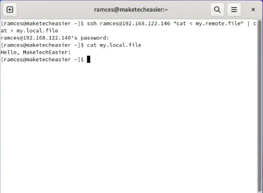 Un terminale che mostra il trasferimento di singoli file utilizzando una pipe SSH in Linux.