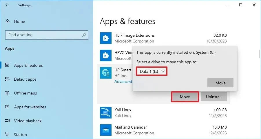 Windows 10 verplaats apps naar een andere schijf