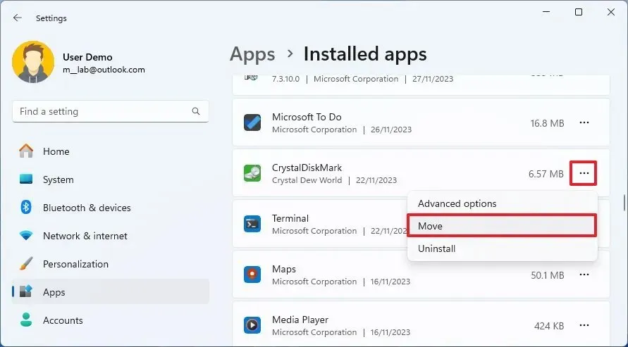 Windows 11-Option zum Verschieben der App