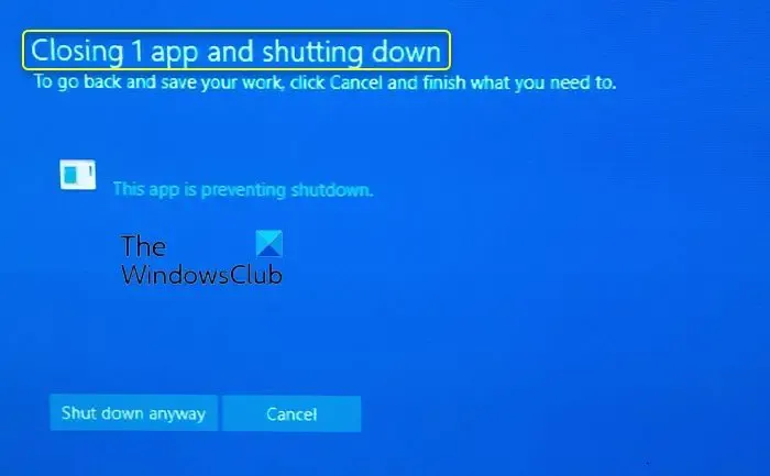 Windows が 1 つのアプリを閉じてシャットダウンしています