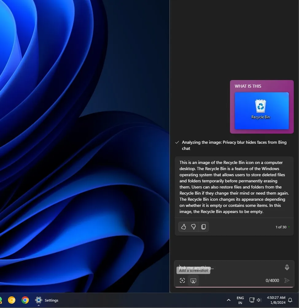 Botão de captura de tela do Windows Copilot