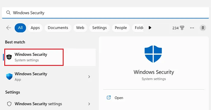 Pesquisa de segurança do Windows no menu Iniciar