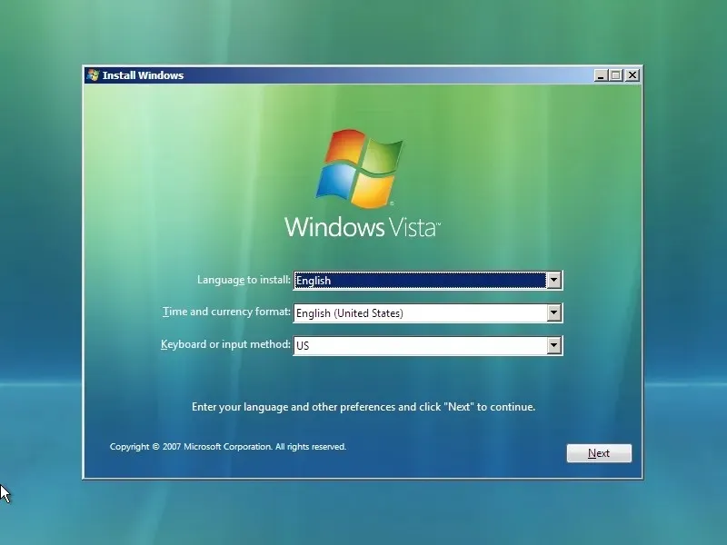 Asistente de instalación de Windows Vista