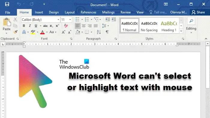 O Microsoft Word não consegue selecionar ou destacar texto com o mouse