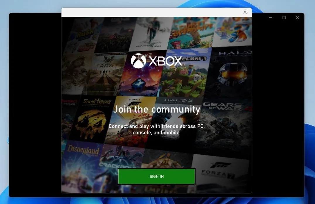 Schermata di accesso Xbox su Windows