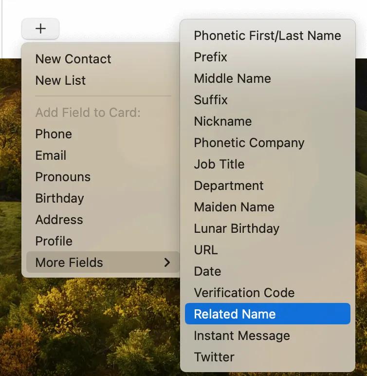 macOS 연락처 앱에서 새로운 필드 관계 상태 선택