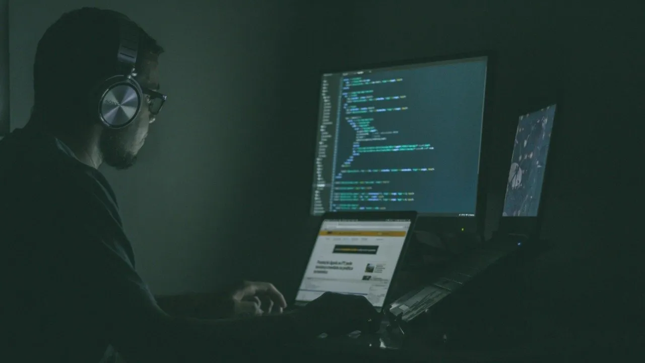 어두운 방에서 컴퓨터 앞에 앉아 있는 남자의 사진.