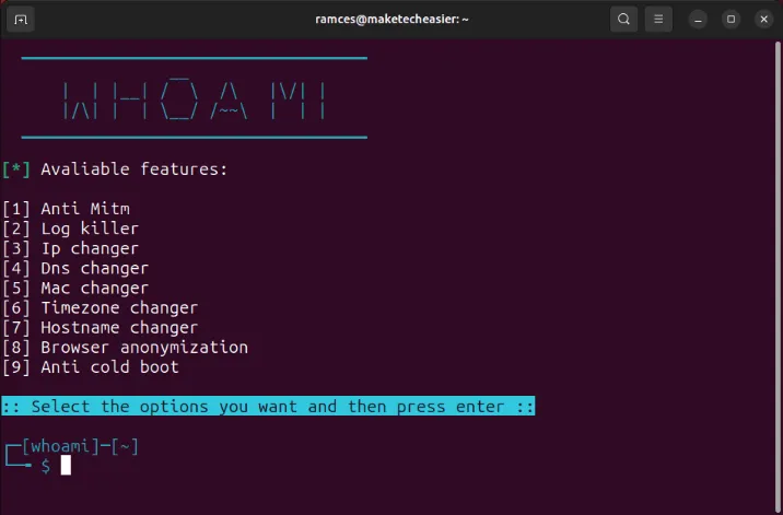 Een terminal met het Whoami-script dat op Ubuntu draait.