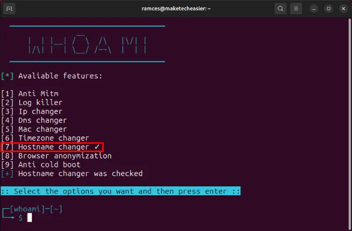 Una terminal que muestra el módulo de cambio de nombre de host activado en Whoami.