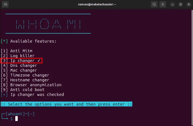 Una terminal que muestra el módulo cambiador de IP activado en Whoami.