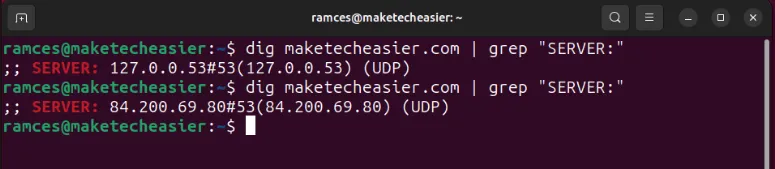 Een terminal die de wijziging in DNS-servers voor de huidige Ubuntu-sessie toont.