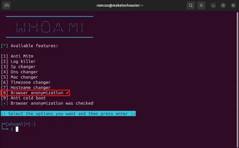 Una terminal que muestra el módulo de refuerzo del navegador activado en Whoami.