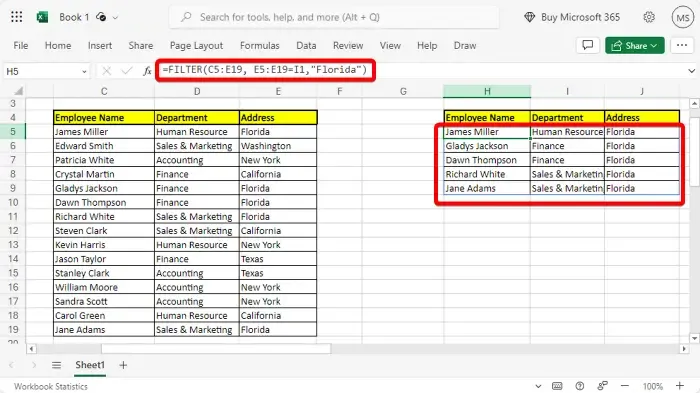 여러 기준을 사용하는 Excel FILTER 함수