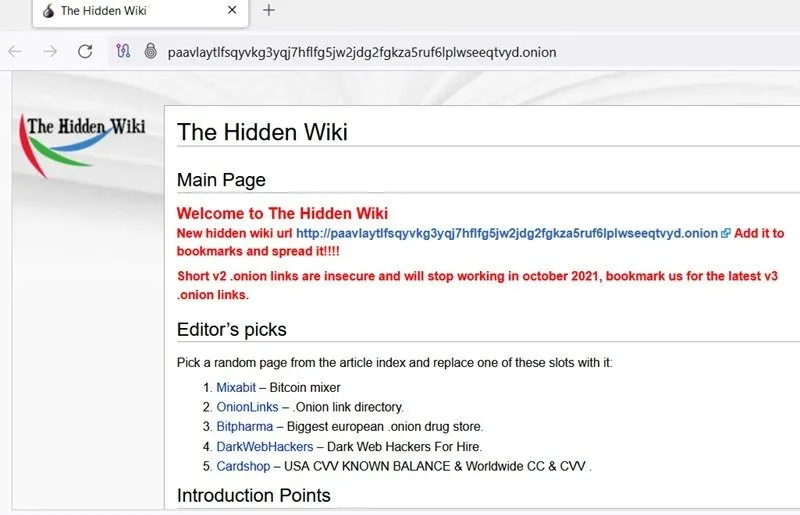 HiddenWiki, uma enciclopédia de vários sites da deep e dark web.