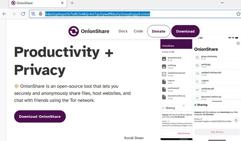 OnionShare, uma plataforma líder para hospedar sites e compartilhar arquivos anonimamente.