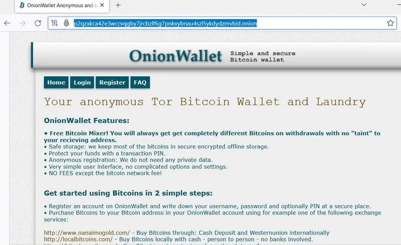 OnionWallet do anonimowych transakcji Bitcoin przy użyciu Tora.