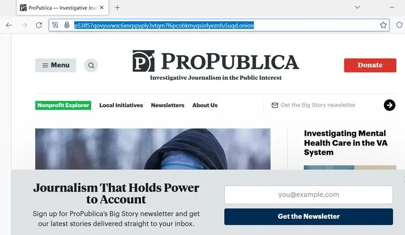 調査報道コンテンツにアクセスするための ProPublica Web サイト。