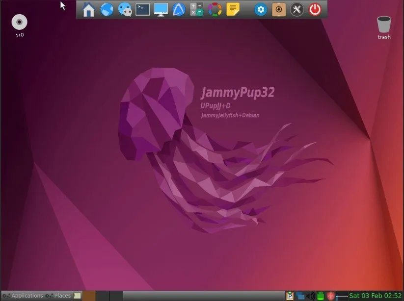 Zrzut ekranu przedstawiający domyślny pulpit JWM w Puppy Linux Jammy.