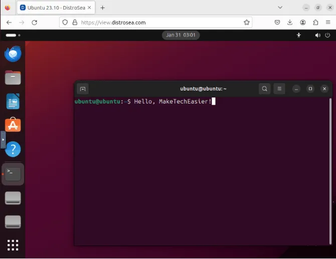 Une capture d'écran montrant Ubuntu 23.10 exécuté sur le site Web DistroSea.