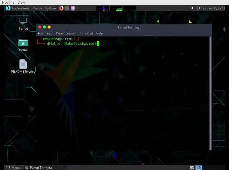 Une capture d'écran montrant la distribution ParrotOS fonctionnant sous Onworks.
