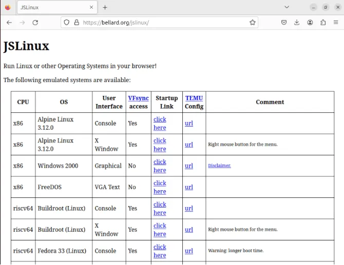 Une capture d'écran montrant la page de destination de JsLinux.