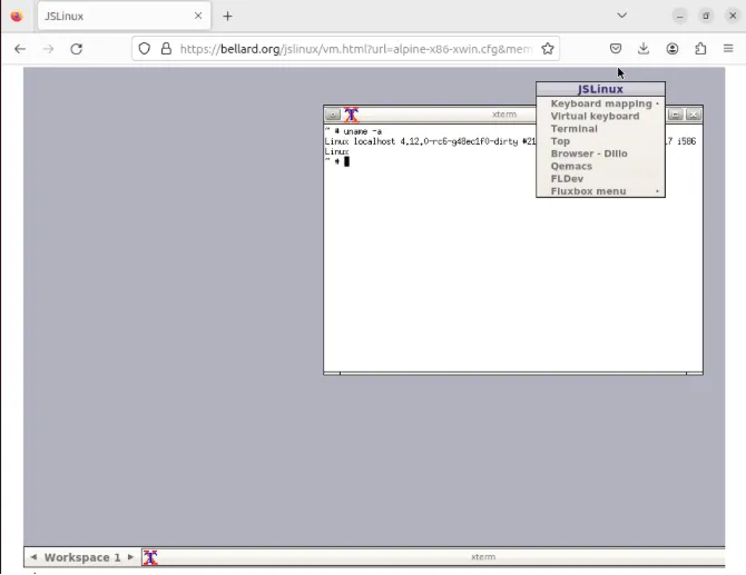 Una captura de pantalla que muestra una sesión X11 básica en línea ejecutándose en un emulador de Linux.