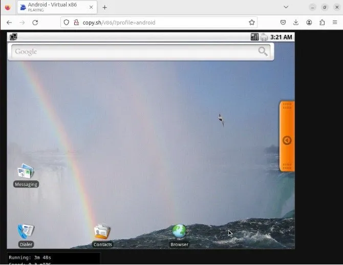 Uno screenshot che mostra l'immagine Android Open Source x86 in esecuzione su v86.