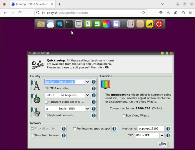 Une capture d'écran montrant une image Puppy Linux Bionic personnalisée fonctionnant sous v86.
