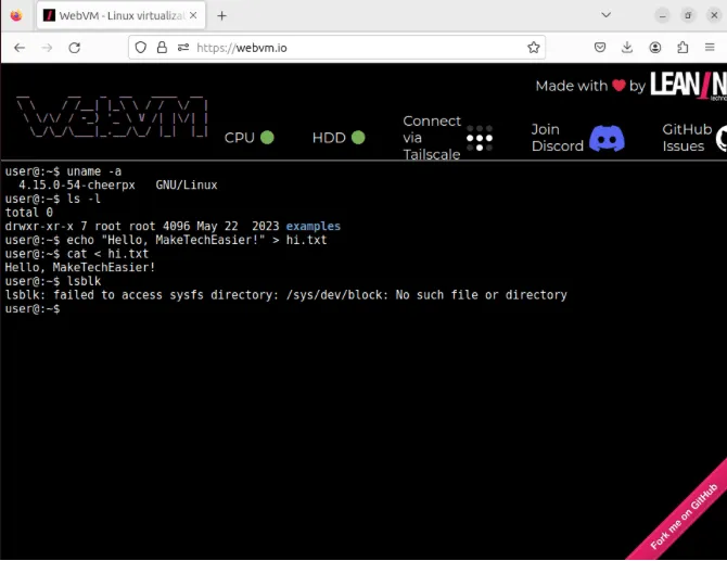 オンラインで実行されている WebVM Linux エミュレーターを示すスクリーンショット。