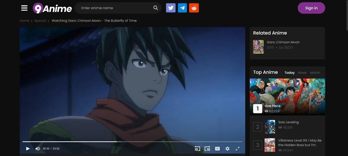 9Visão geral da interface de anime na web.