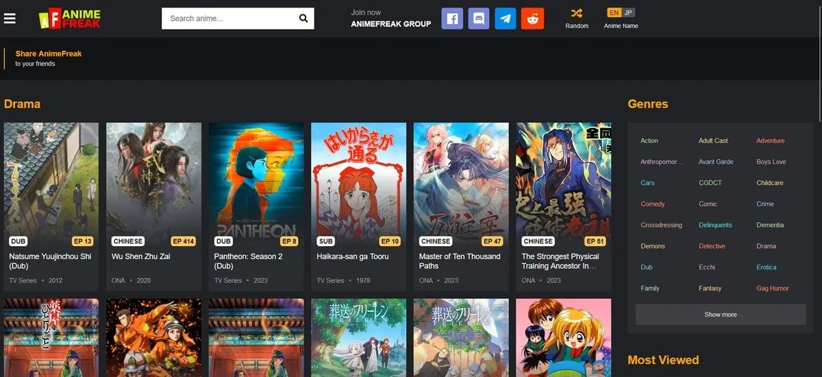 Visão geral da interface AnimeFreak na web.