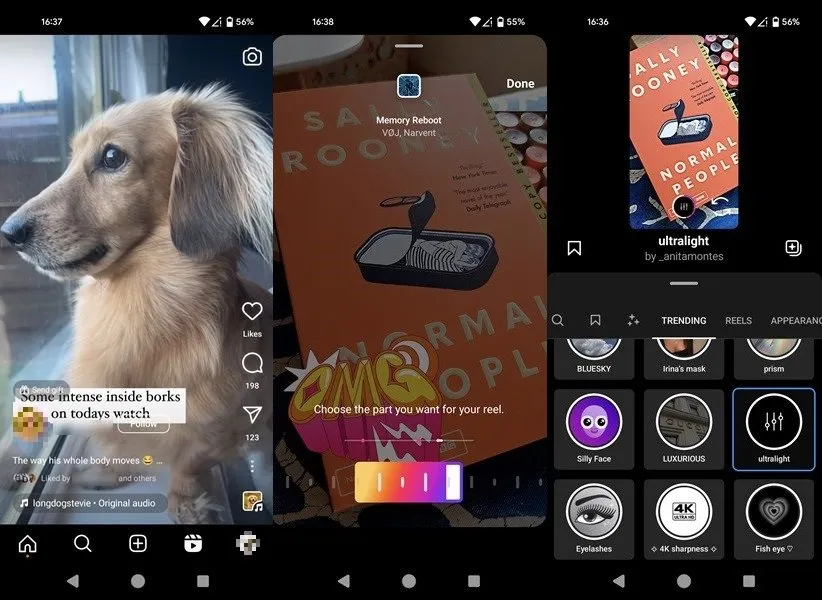 Übersicht über die Benutzeroberfläche der Instagram-App auf Android.