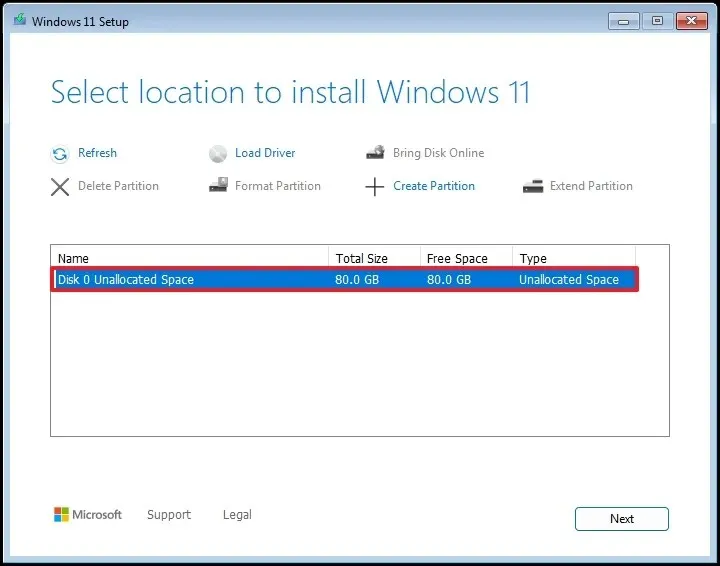 未割り当て領域に Windows 11 24H2 をクリーン インストールする