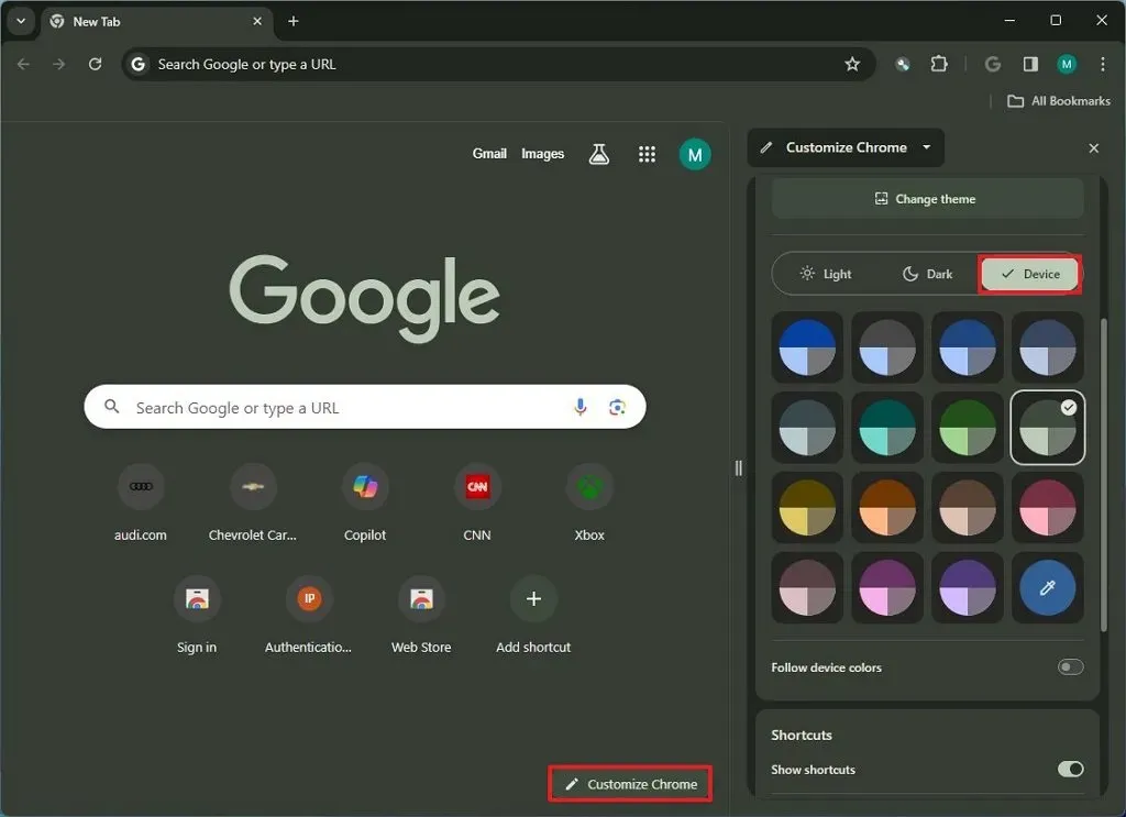 Modo de cores do dispositivo Chrome