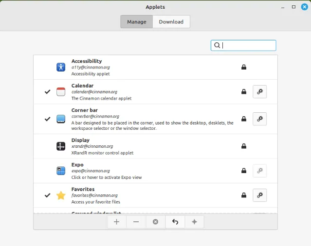 Ein Screenshot der Standard-Applets, die für die Cinnamon-Edition verfügbar sind.