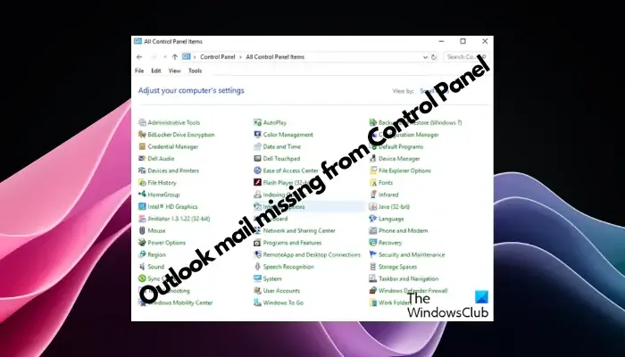 Outlook-mail ontbreekt in het Configuratiescherm