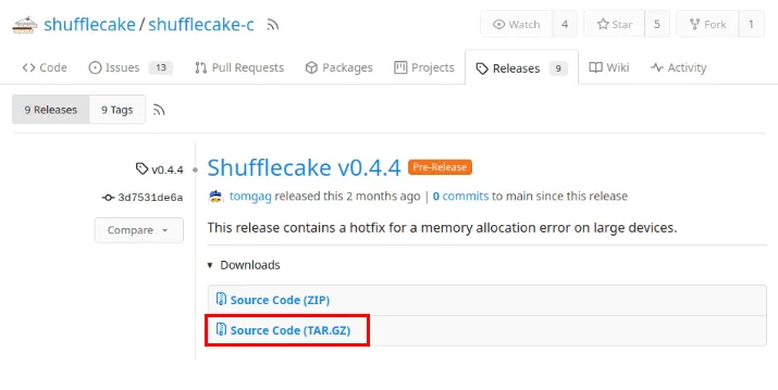 Zrzut ekranu przedstawiający pobranie archiwum tar dla Shufflecake na stronie programisty Codeberg.