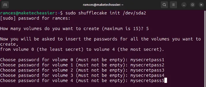 Uno screenshot che mostra le diverse password segrete per ciascuno dei volumi nascosti inizializzati in Shufflecake.