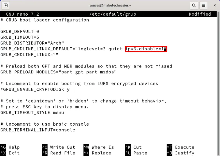 Um terminal mostrando o argumento IPv6 para Grub.