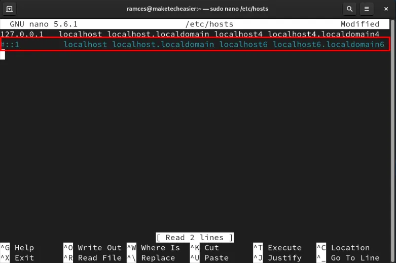 Um terminal mostrando os endereços IPv6 em /etc/hosts desabilitados.