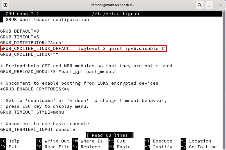 Un terminal mettant en évidence l'argument de ligne de commande Grub avec un indicateur IPv6.