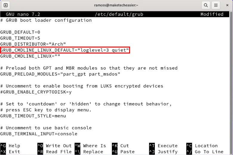 Un terminal affichant l'argument de ligne de commande Grub modifié sans indicateur IPv6.