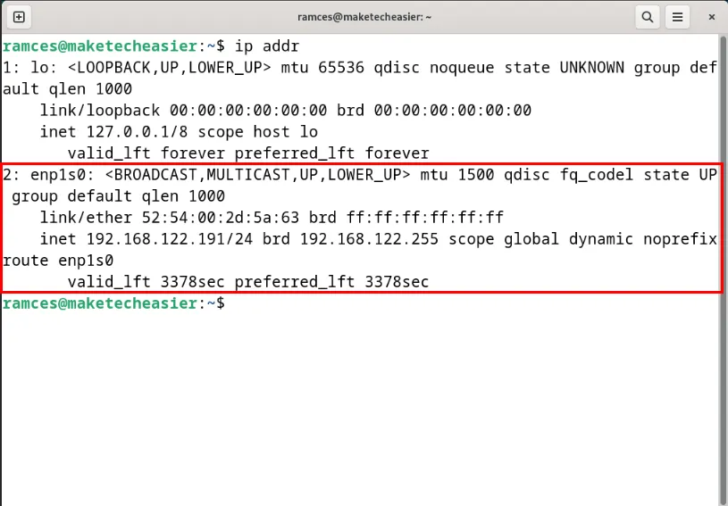 顯示未運行 IPv6 堆疊的乙太網路介面的終端。