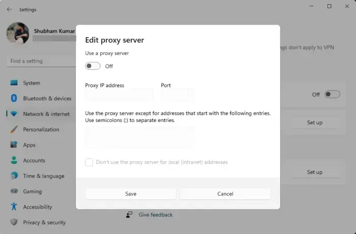 Wyłącz serwer proxy lub VPN